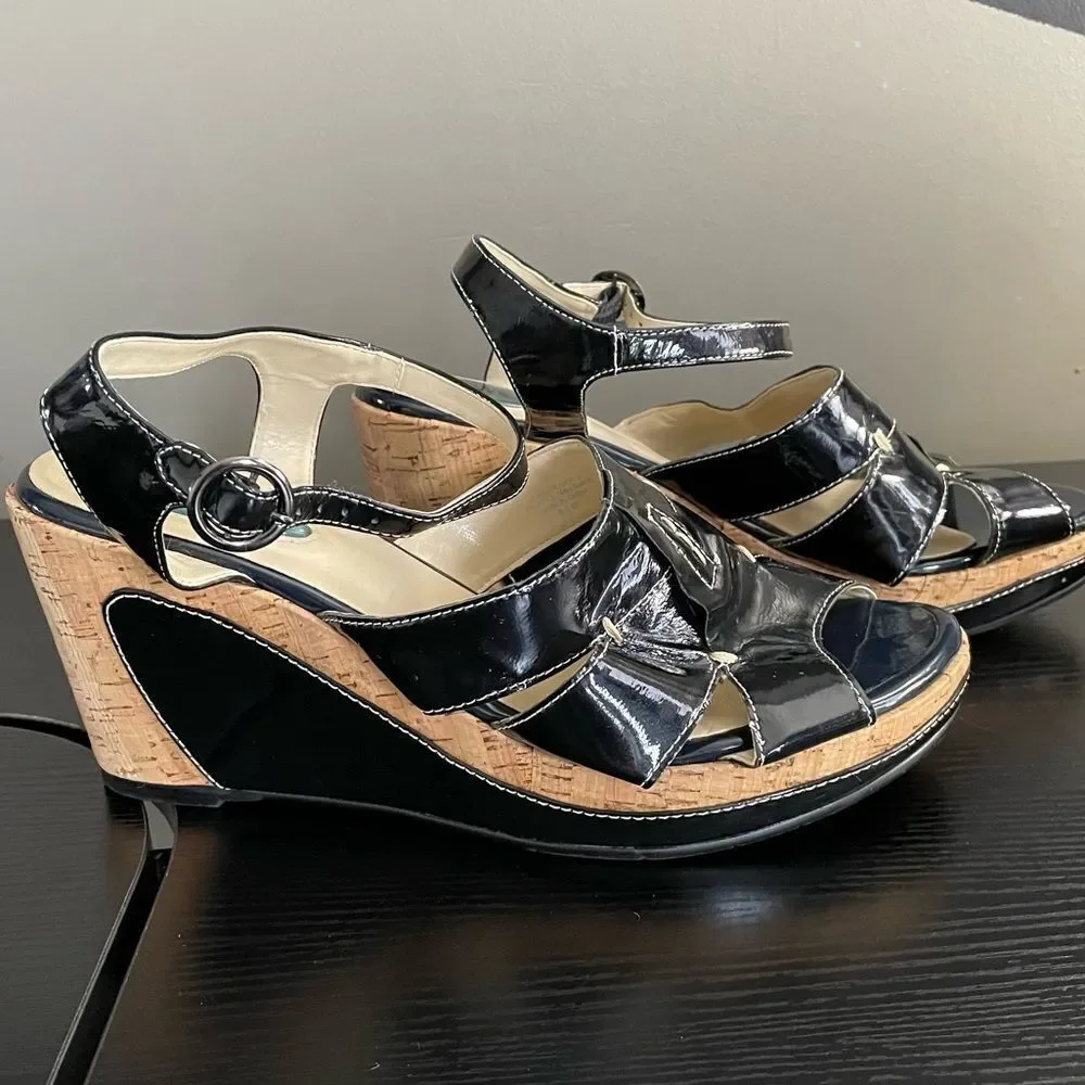 Fitzwell Navy Patent Leather and Cork Platform Wedge Strap Sandals, 9 1/2